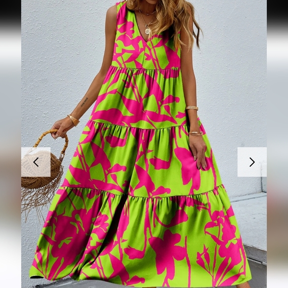 Vibrant Pink and Green Maxi Dress - Picture 1 of 5